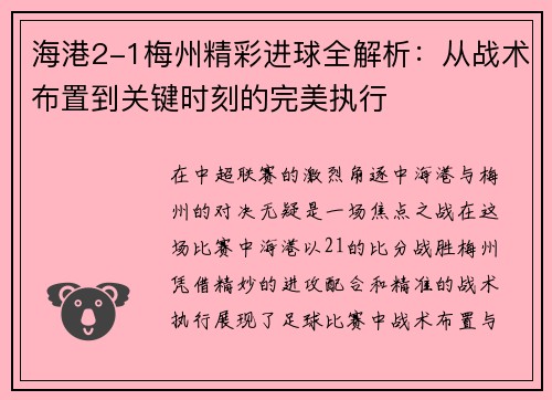 海港2-1梅州精彩进球全解析：从战术布置到关键时刻的完美执行